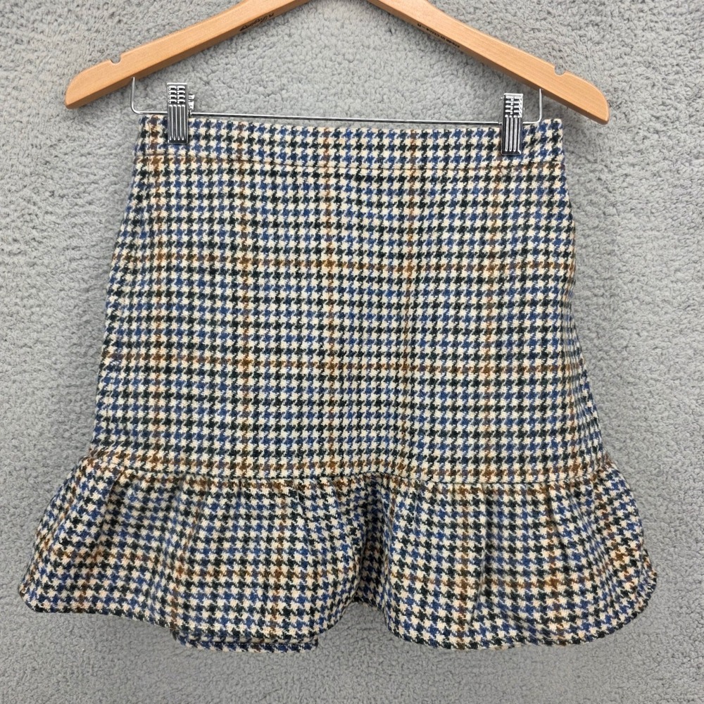 J.Crew Womens 2 Houndstooth Wool Mini‎ Skirt Ruffle Hem Blue Brown Plaid Lined
